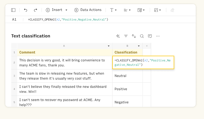 rows google sheets text classification example